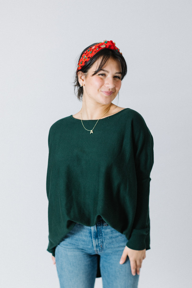 Long Ribbed Boat Neck Sweater, Deep Green