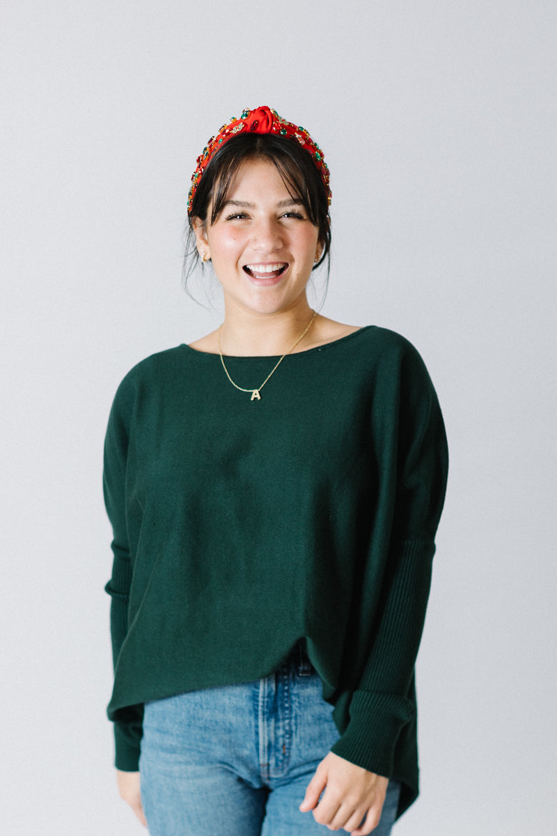 Long Ribbed Boat Neck Sweater, Deep Green