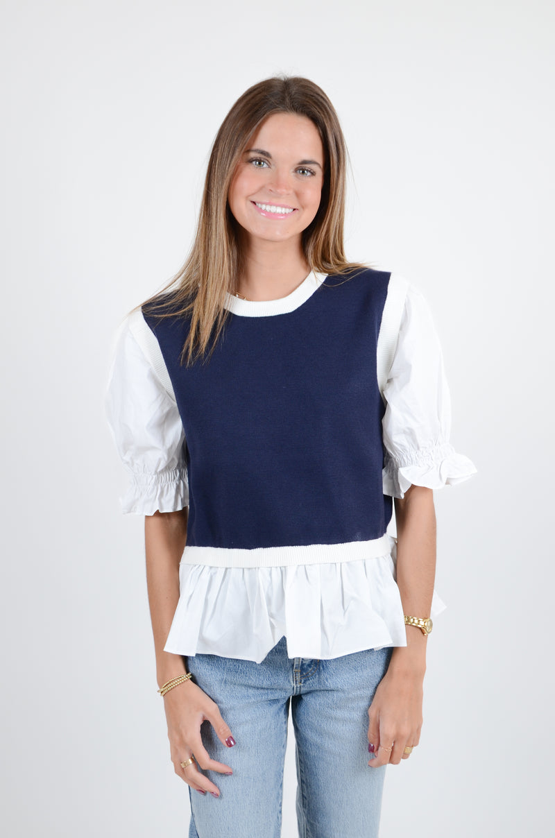 Navy Sweater with White Sleeve