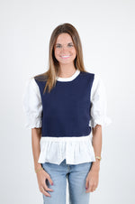 Navy Sweater with White Sleeve