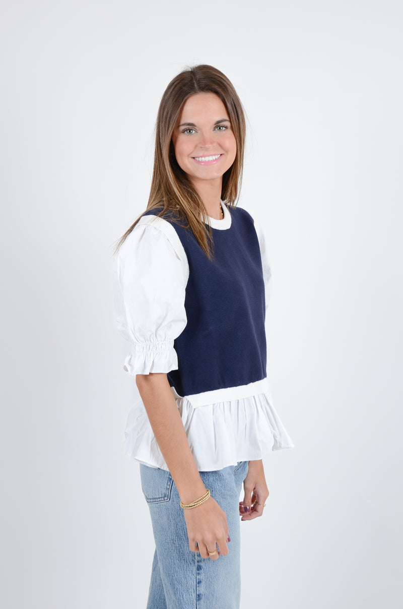 Navy Sweater with White Sleeve