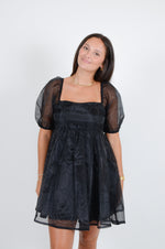 Babydoll Dress with Sheer Sleeves, Black