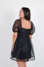 Babydoll Dress with Sheer Sleeves, Black