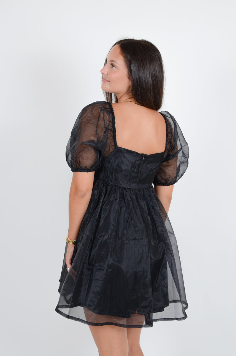 Babydoll Dress with Sheer Sleeves, Black