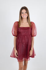 Babydoll Dress with Sheer Sleeves, Crimson