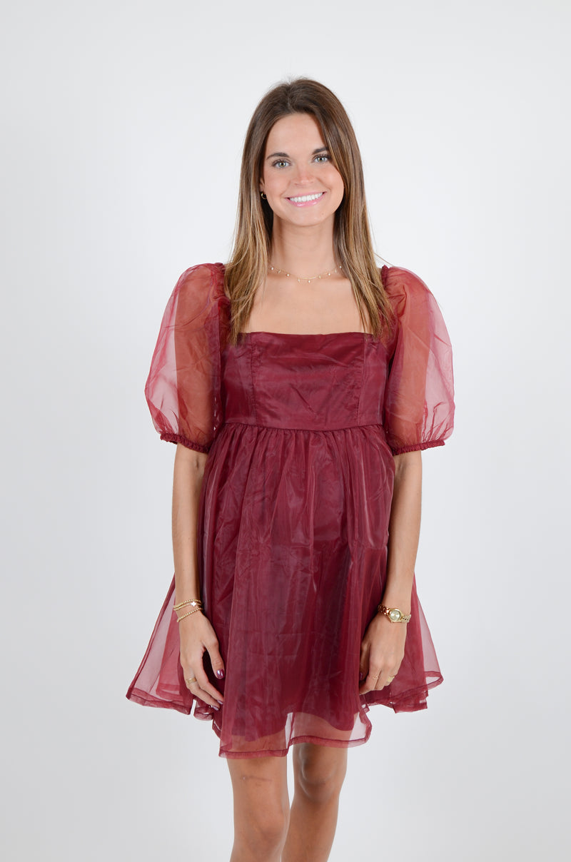 Babydoll Dress with Sheer Sleeves, Crimson