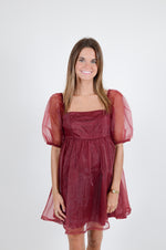 Babydoll Dress with Sheer Sleeves, Crimson