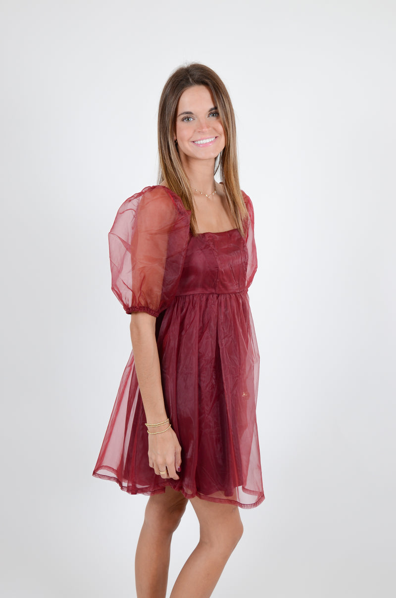 Babydoll Dress with Sheer Sleeves, Crimson