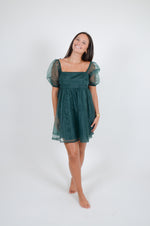 Babydoll Dress with Sheer Sleeves, Green