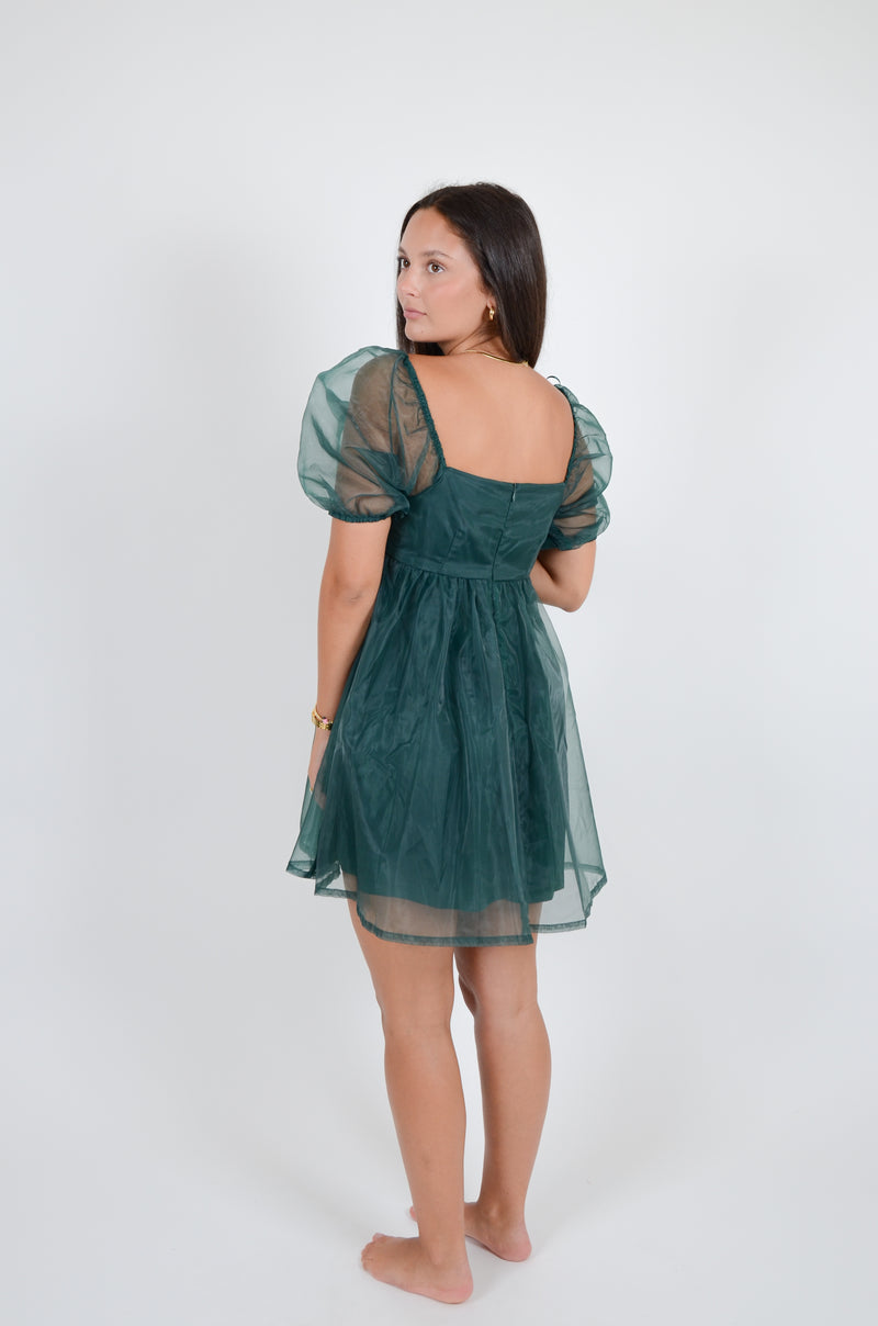 Babydoll Dress with Sheer Sleeves, Green