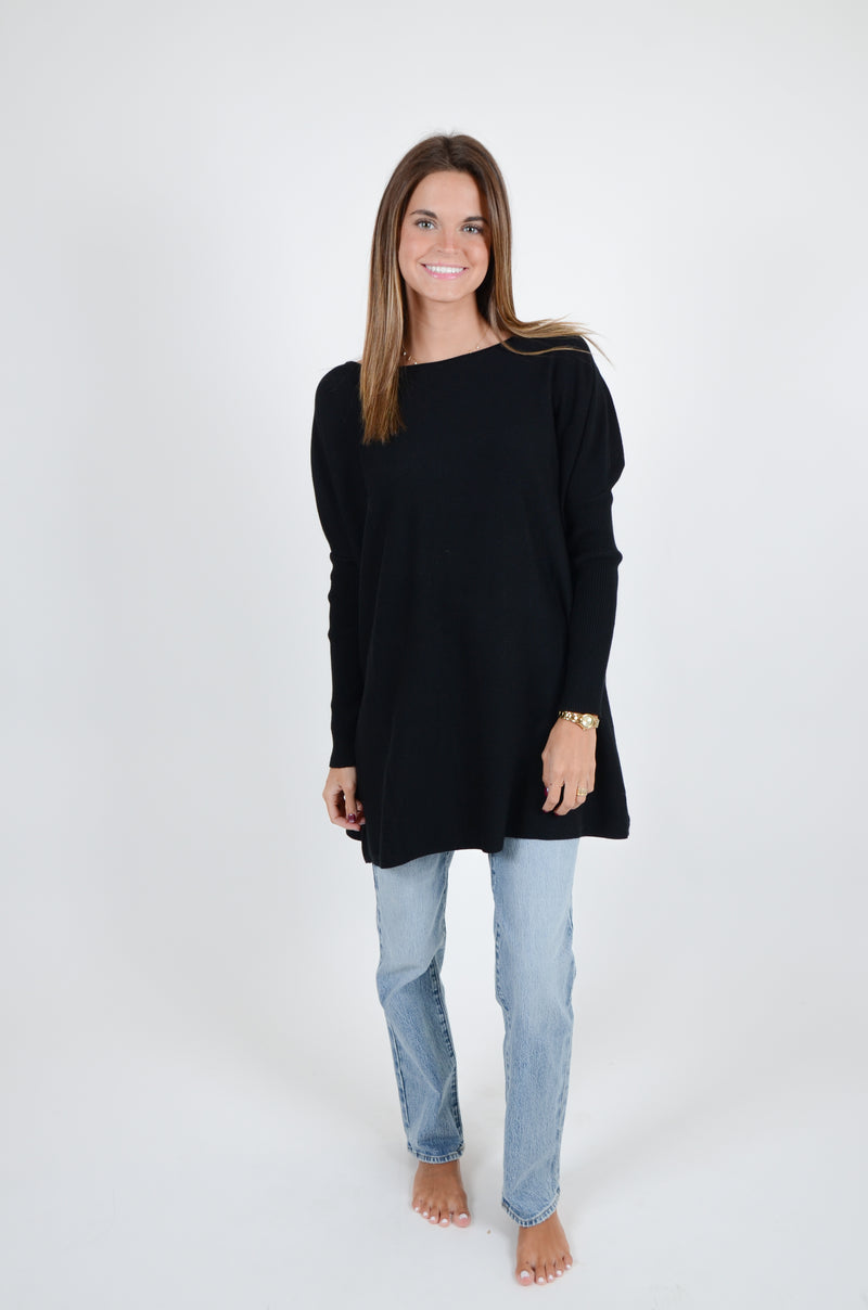 Long Ribbed Boat Neck Sweater, Black