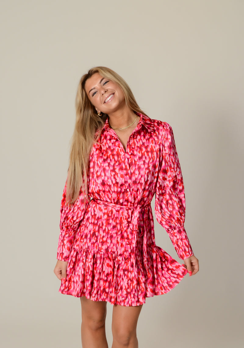 Pink Printed Collared Button Down Dress