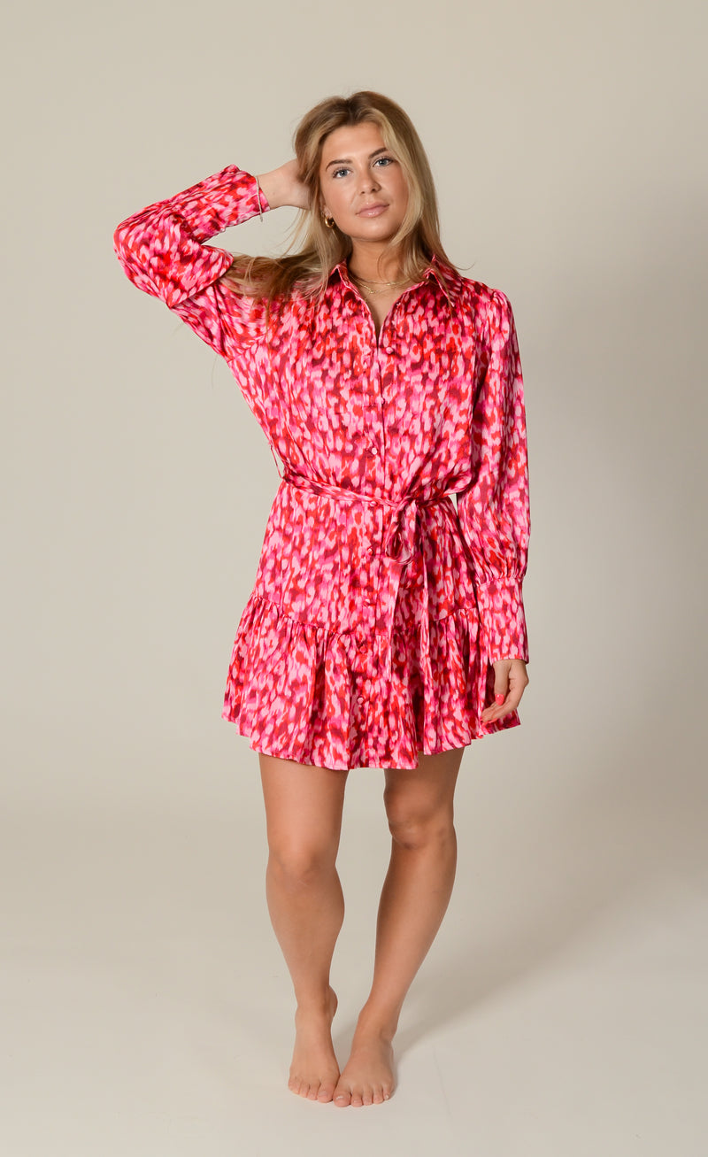 Pink Printed Collared Button Down Dress