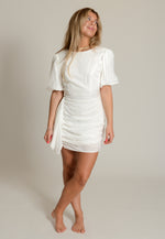 Ruched Dress with Puff Sleeve, White