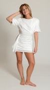 Ruched Dress with Puff Sleeve, White