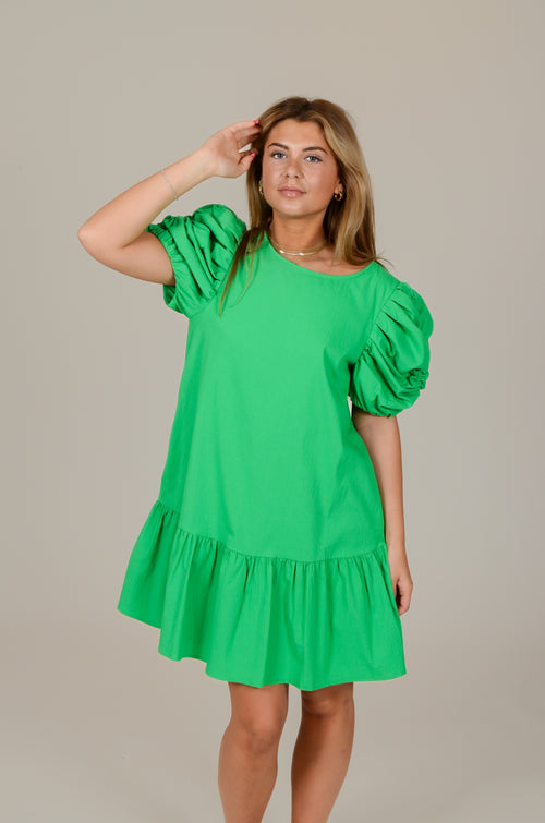 Green Puff Sleeve Drop Waist Dress