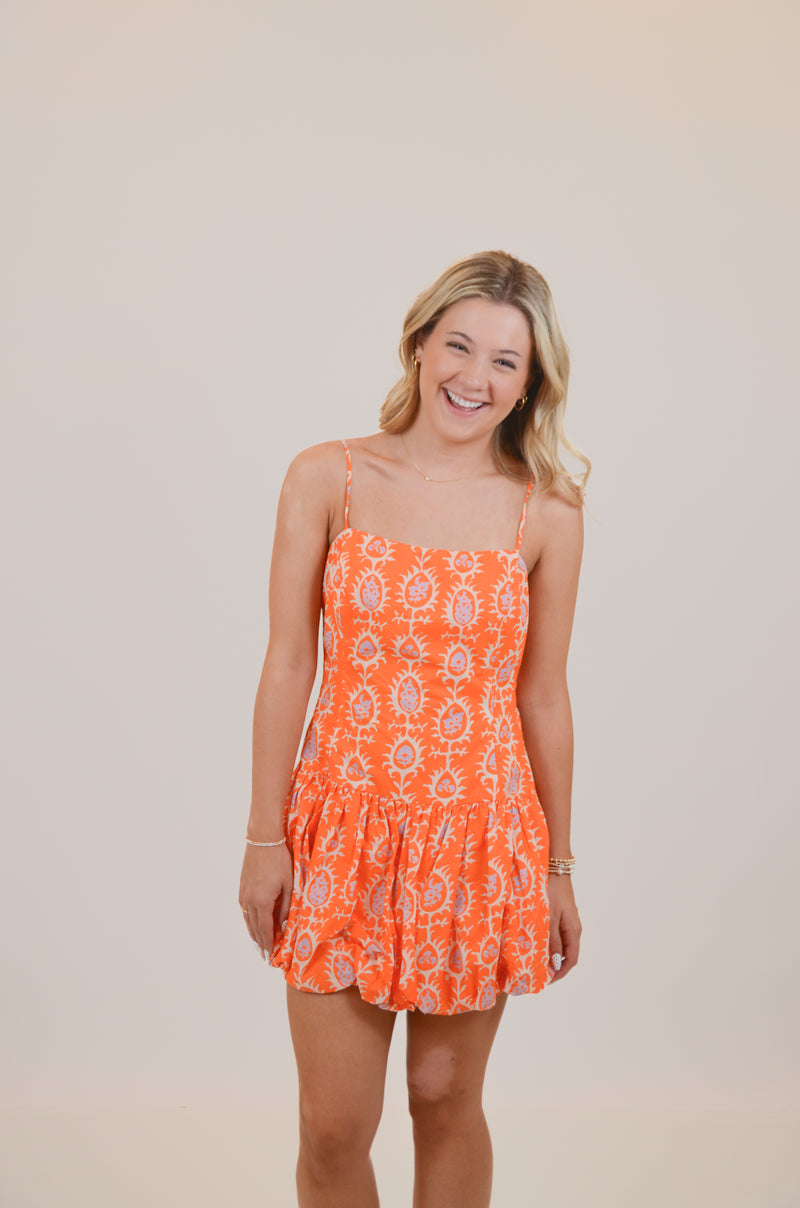 Orange Print Dress with Drop Skirt