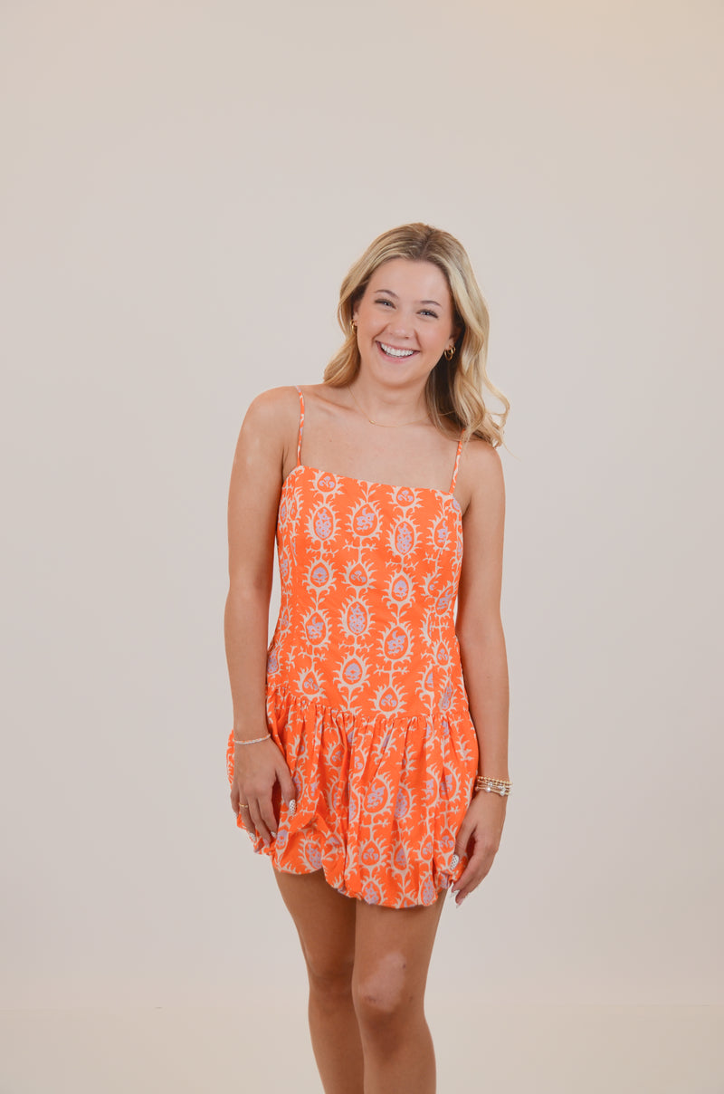 Orange Print Dress with Drop Skirt
