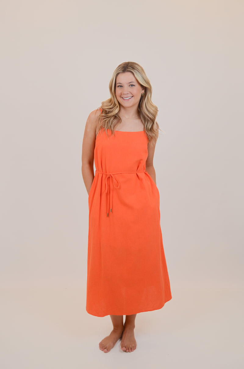 Orange Midi Dress with Tie