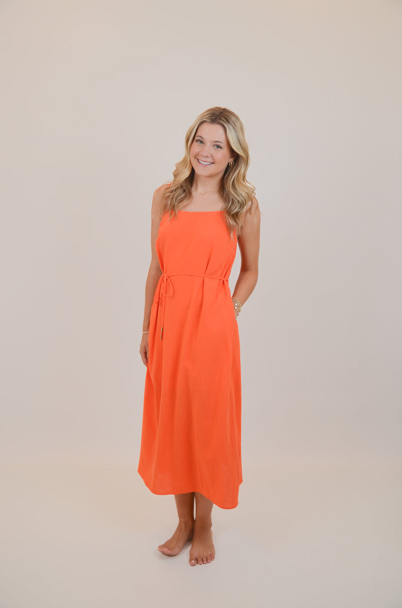 Orange Midi Dress with Tie