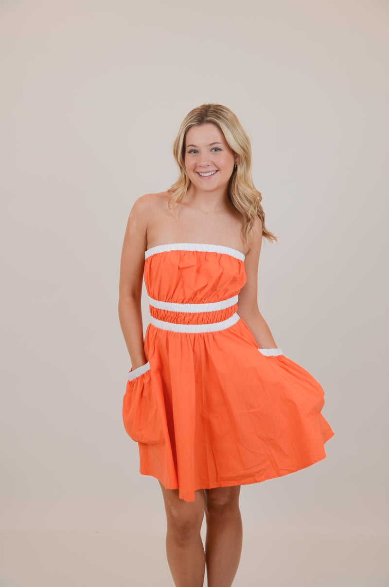 Orange Strapless Dress with White Trim