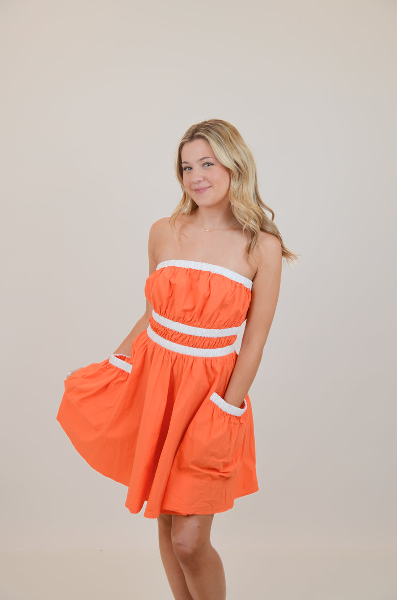 Orange Strapless Dress with White Trim