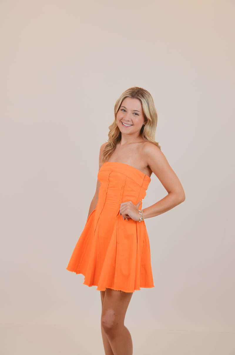 Strapless Denim Mini Dress with Raw Edges