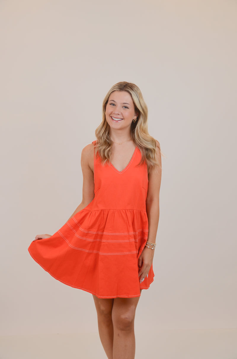 V-Neck Orange Dress with Adjustable Straps