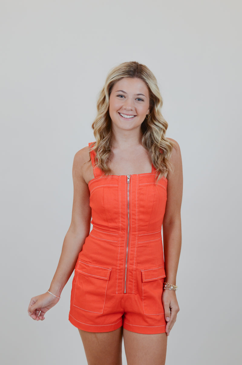 Orange Romper with Front Zipper