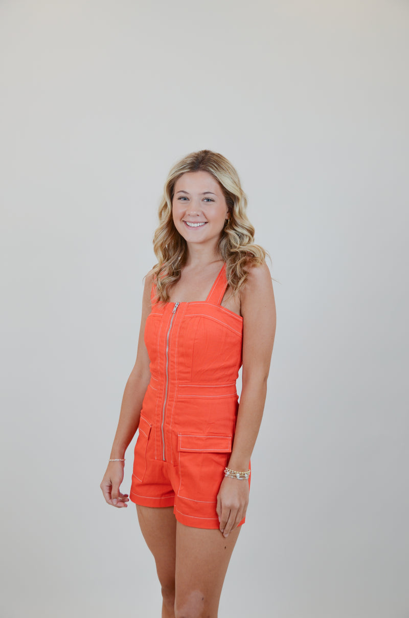 Orange Romper with Front Zipper