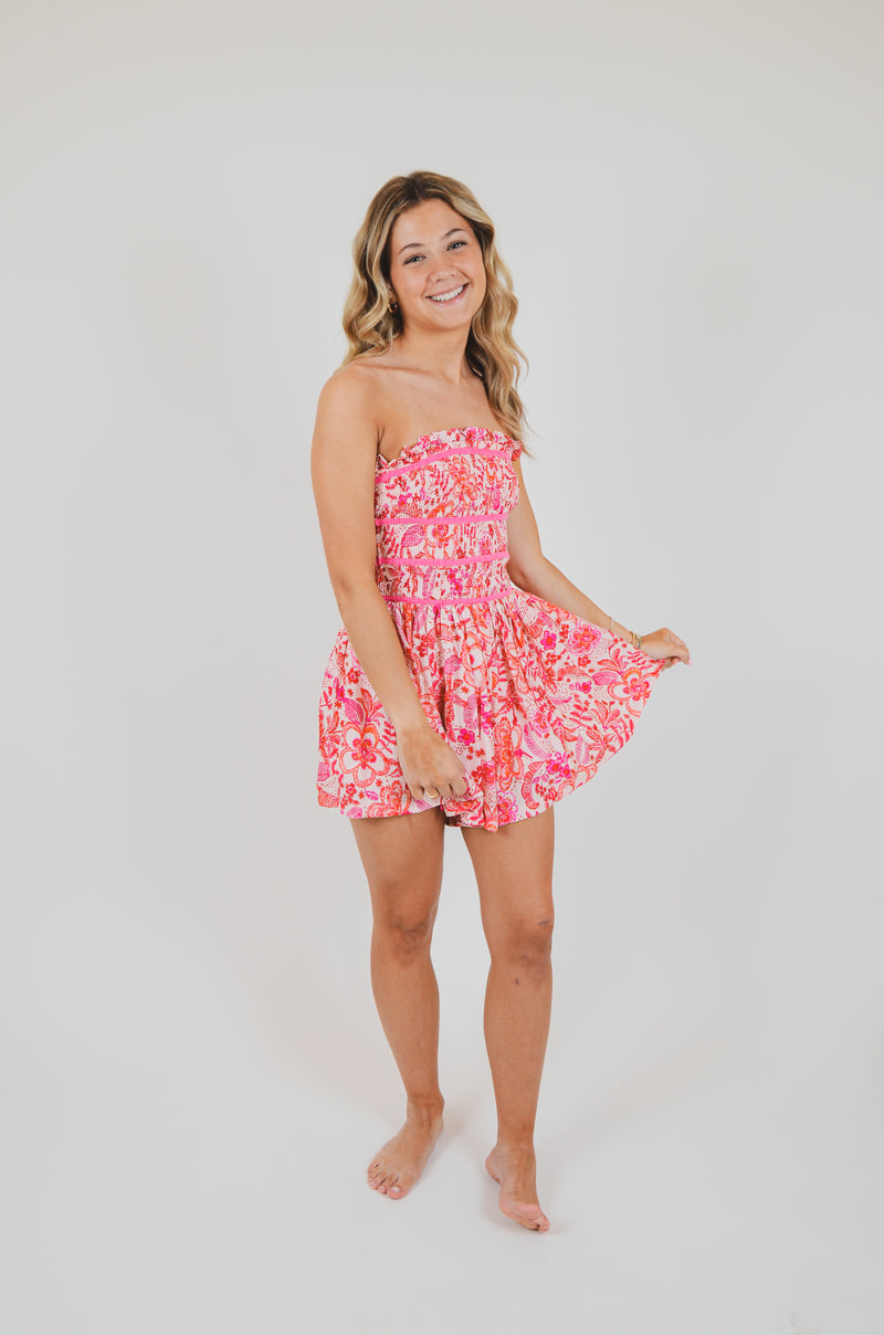 Pink Floral Print Removable Straps Smocked Romper