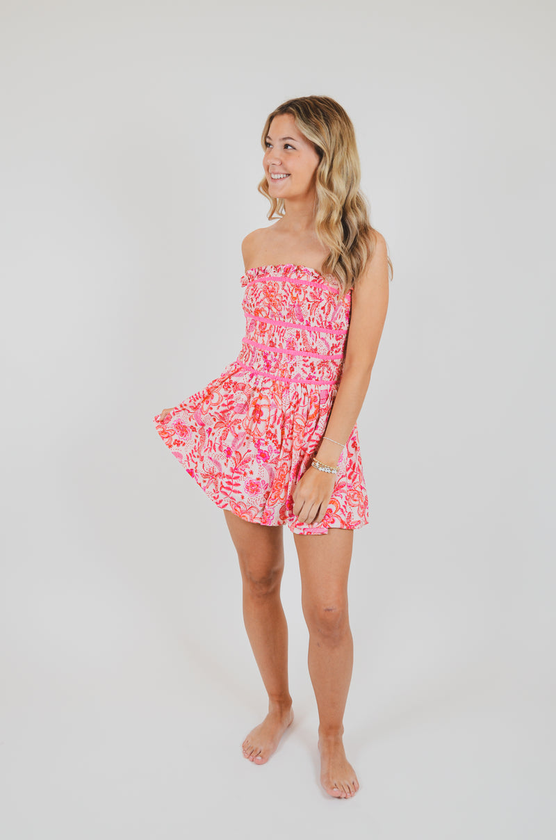 Pink Floral Print Removable Straps Smocked Romper