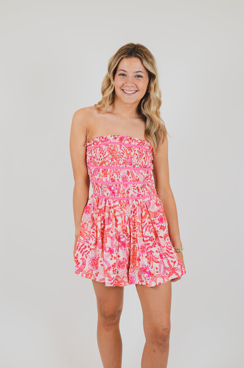 Pink Floral Print Removable Straps Smocked Romper