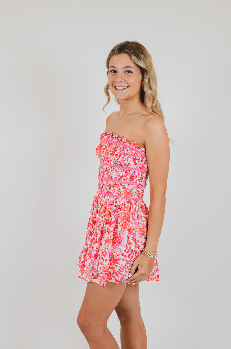Pink Floral Print Removable Straps Smocked Romper