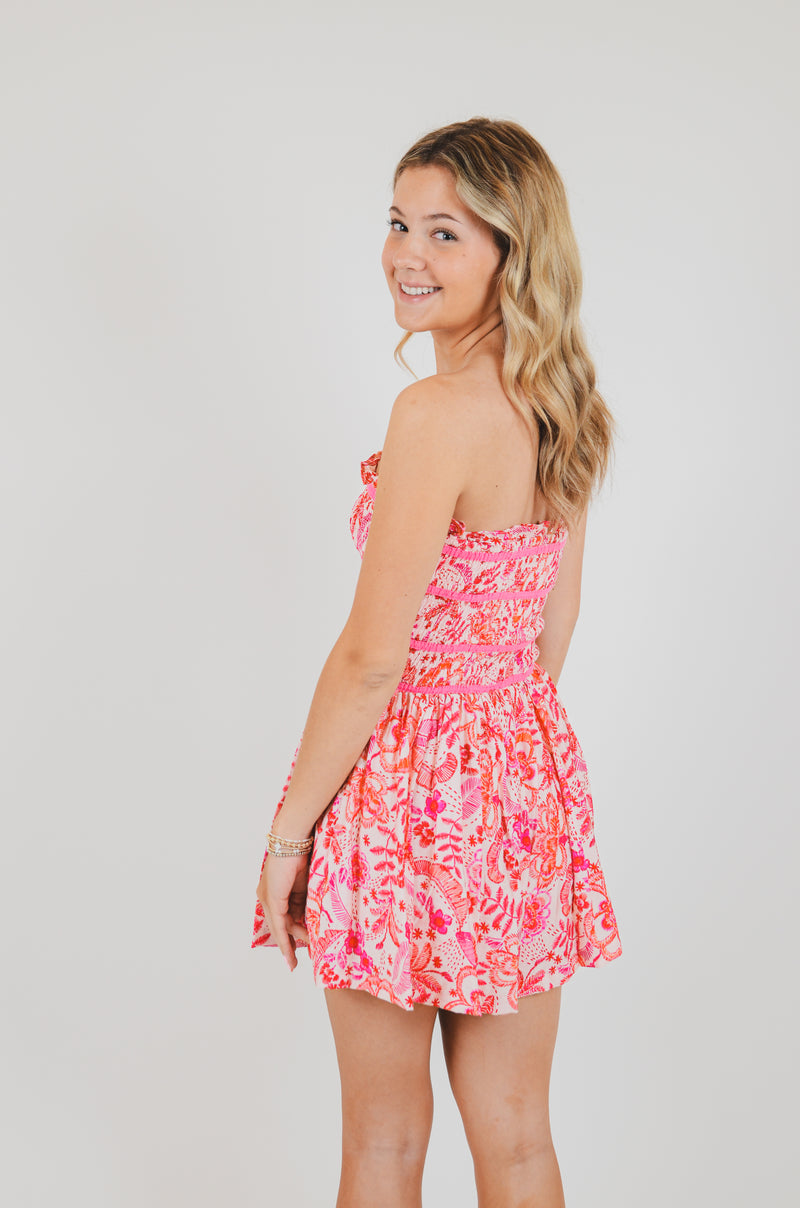 Pink Floral Print Removable Straps Smocked Romper