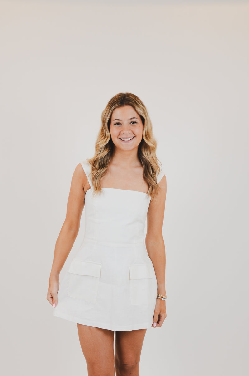 White Linen Mini Dress with Pockets