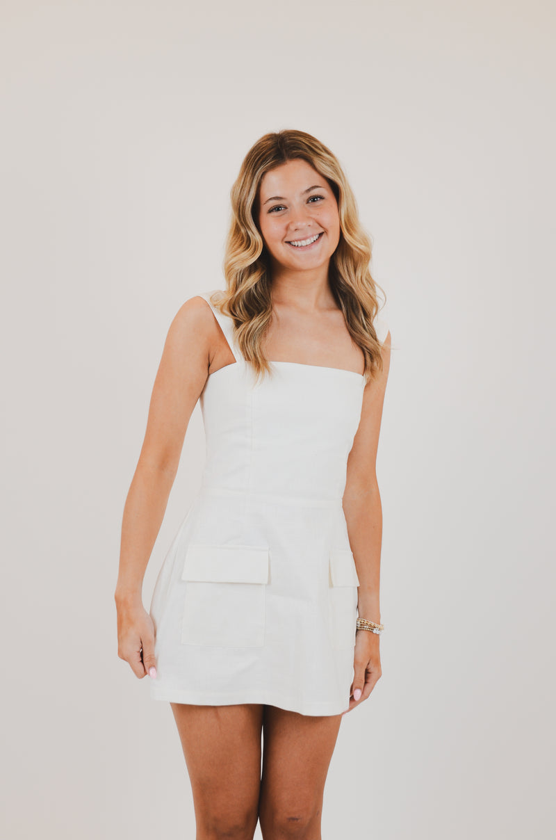 White Linen Mini Dress with Pockets