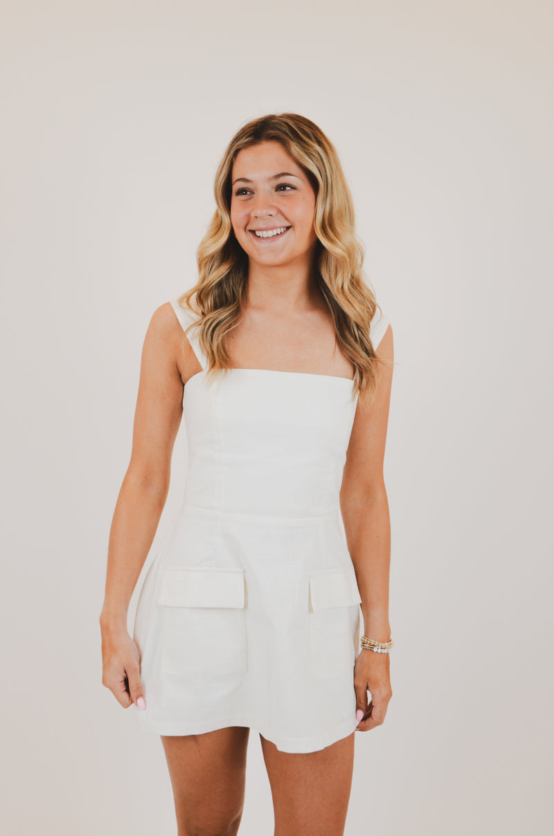 White Linen Mini Dress with Pockets