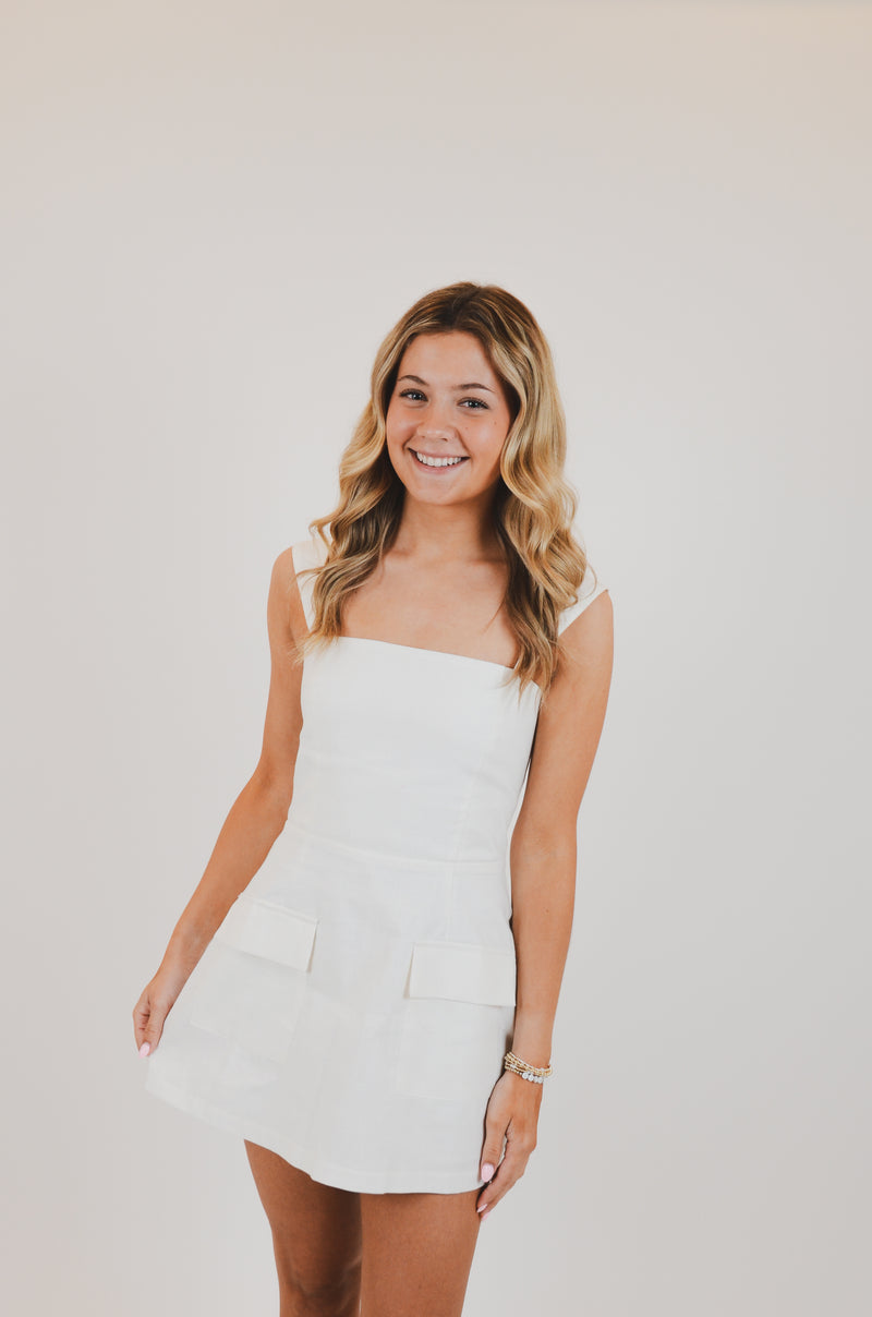 White Linen Mini Dress with Pockets