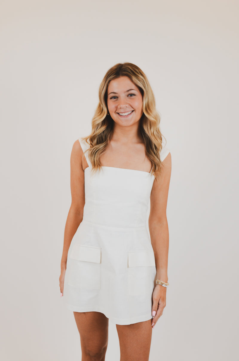 White Linen Mini Dress with Pockets