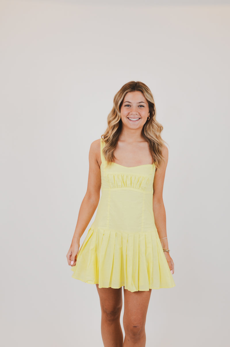 Baby Yellow Open Back Pleated Mini Dress