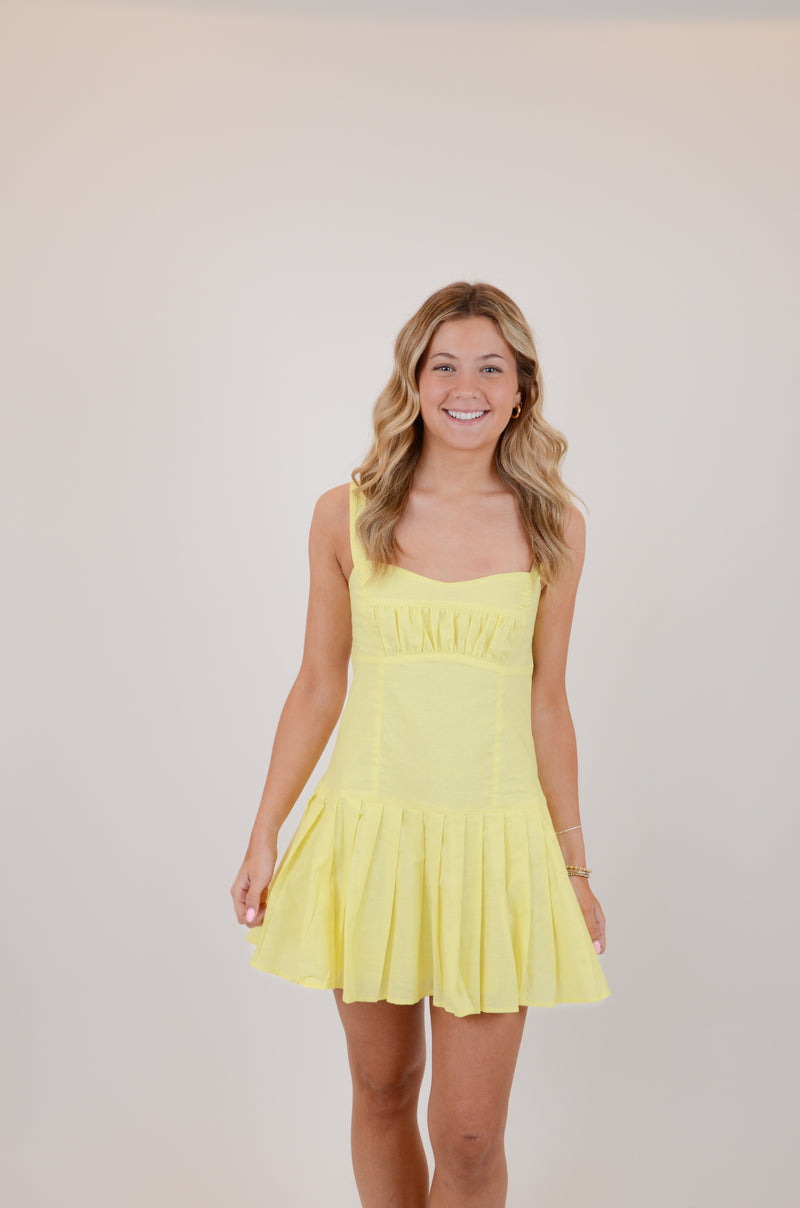 Baby Yellow Open Back Pleated Mini Dress