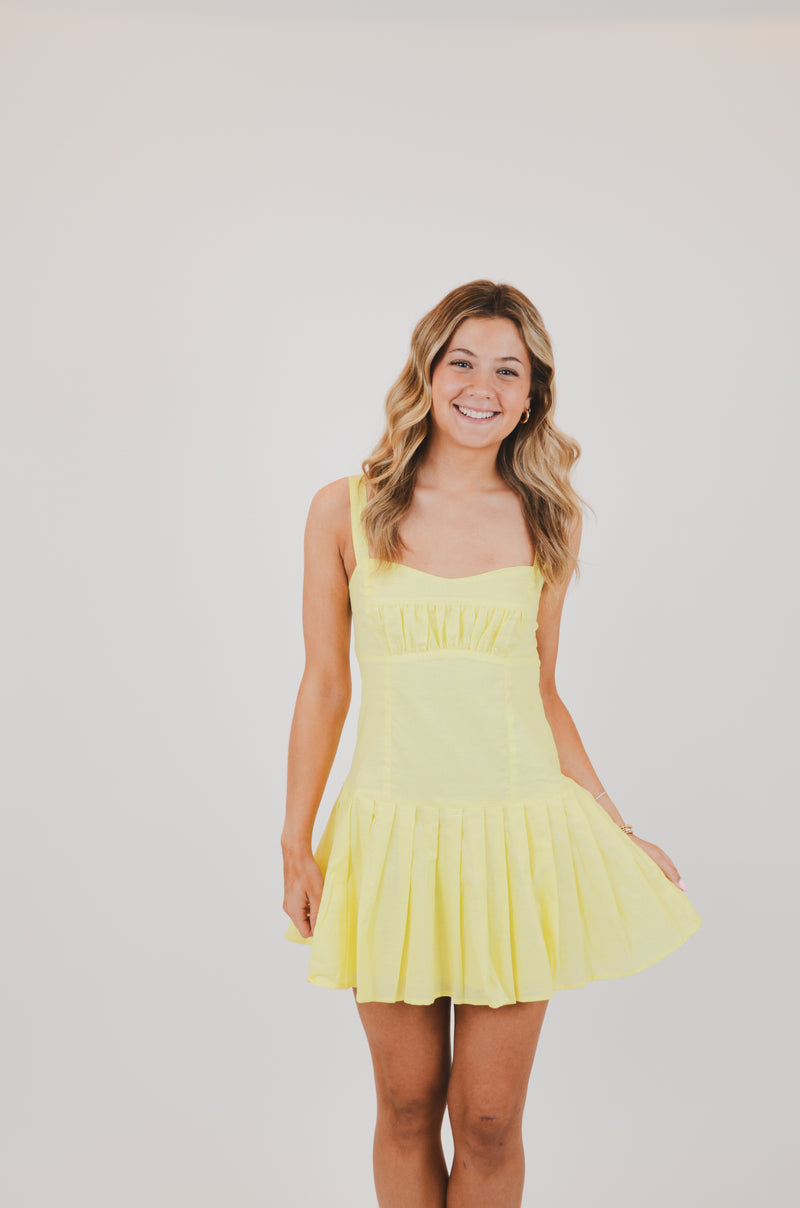 Baby Yellow Open Back Pleated Mini Dress