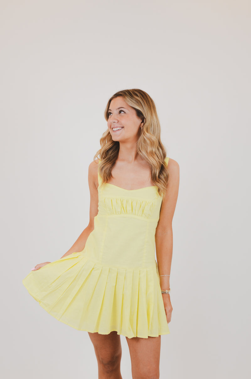 Baby Yellow Open Back Pleated Mini Dress