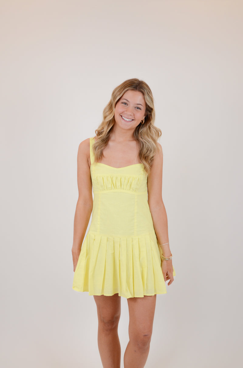 Baby Yellow Open Back Pleated Mini Dress