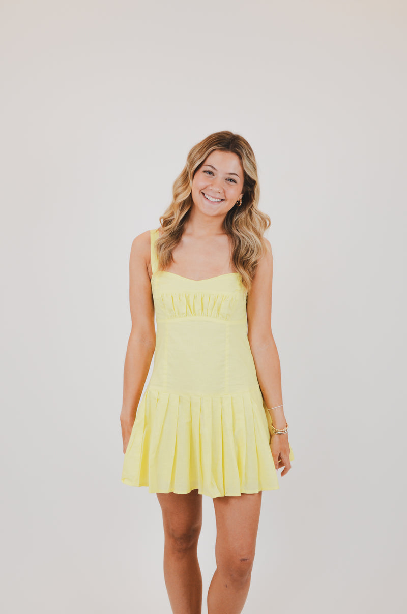 Baby Yellow Open Back Pleated Mini Dress