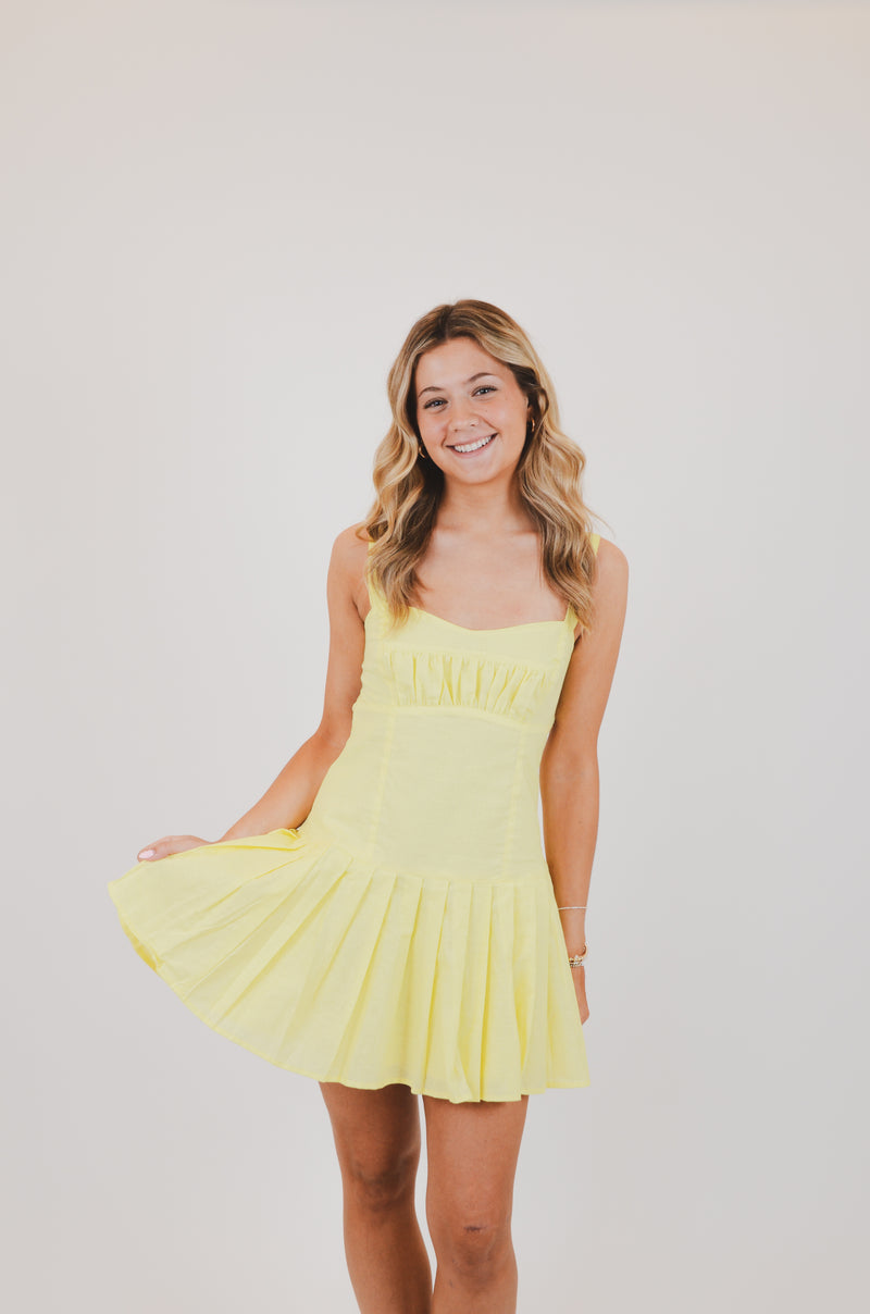 Baby Yellow Open Back Pleated Mini Dress
