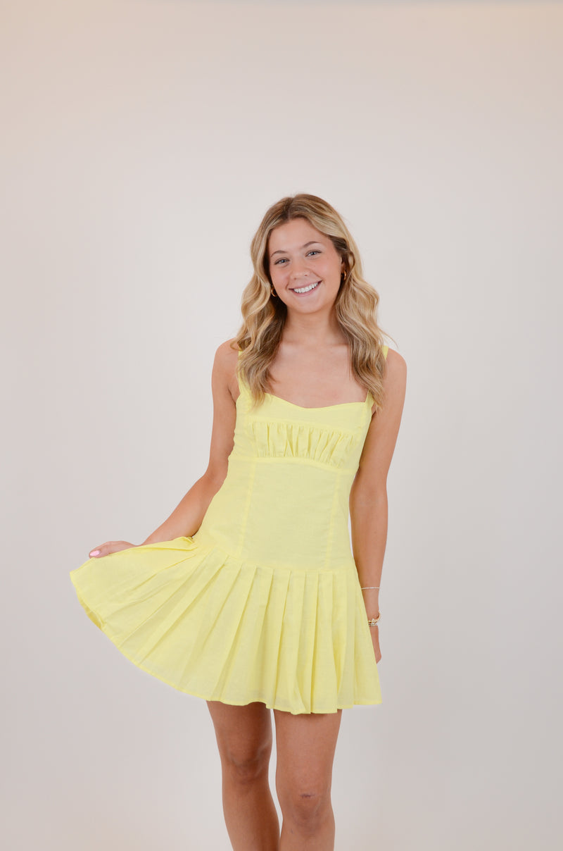 Baby Yellow Open Back Pleated Mini Dress