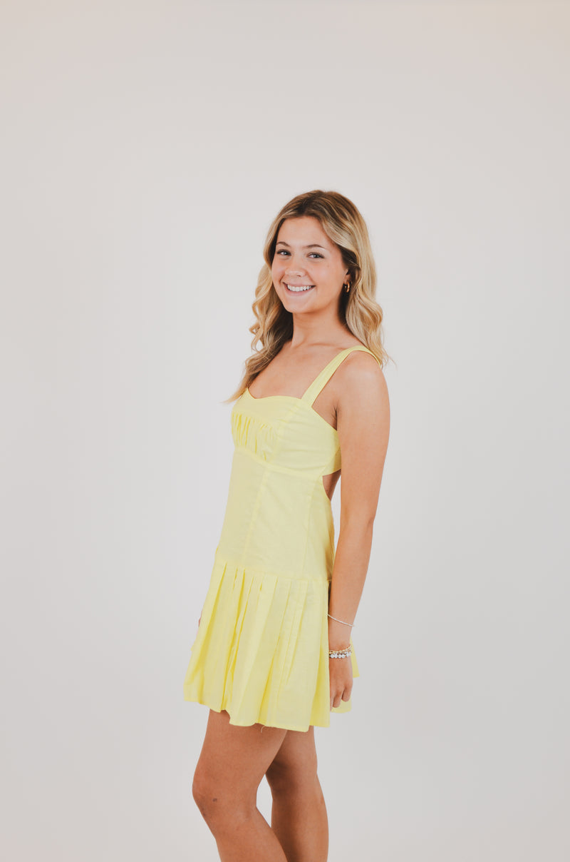 Baby Yellow Open Back Pleated Mini Dress