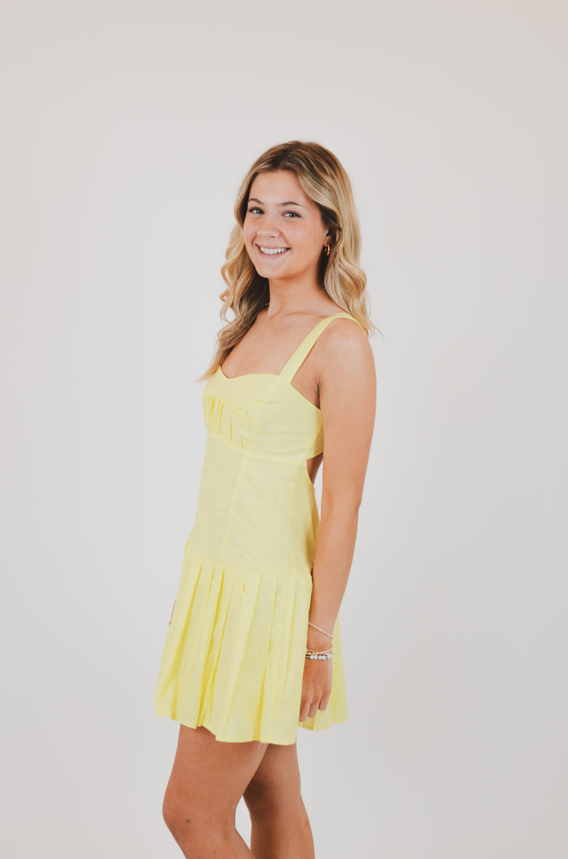Baby Yellow Open Back Pleated Mini Dress
